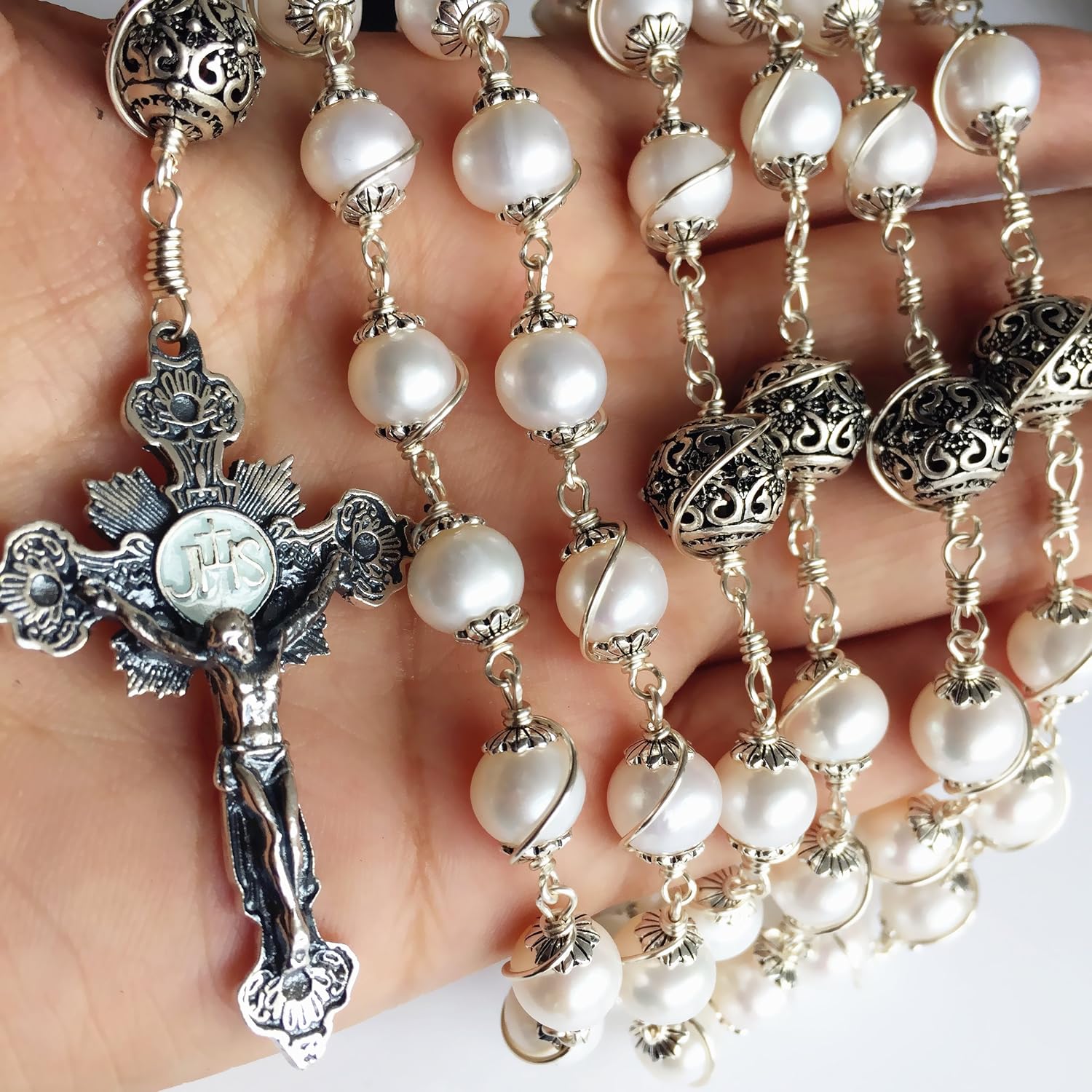 elegantmedical Wire Wraped Bali 925 Sterling Silver Pearl Beads Rosary Necklace Cross