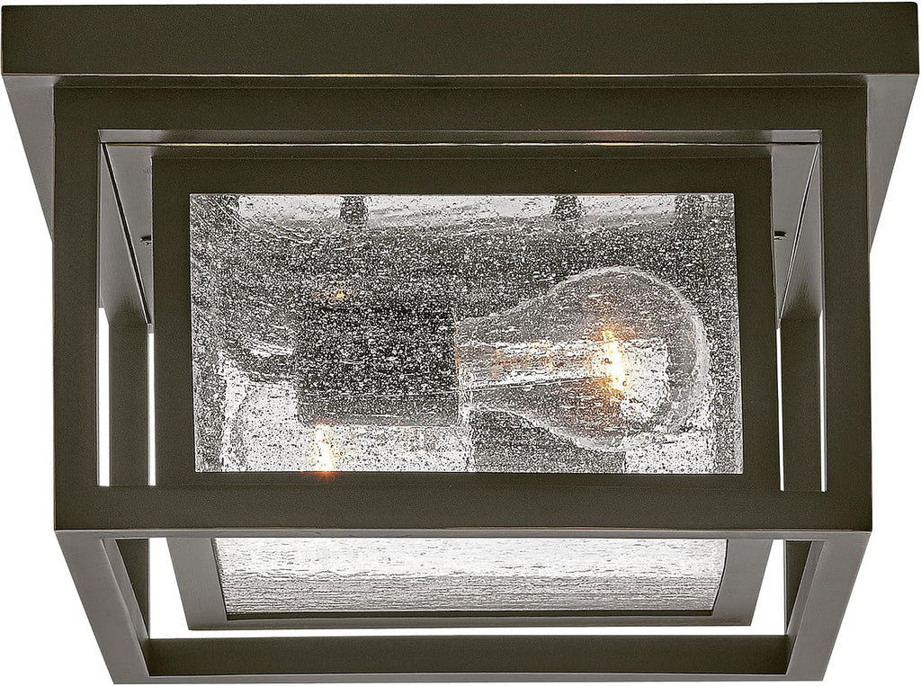 Hinkley Republic Small Flush Mount Outdoor Ceiling Light, Composite, Clear Seedy Glass Panes, Anti-Fading Finish, Oil Rubbed Bronze Finish