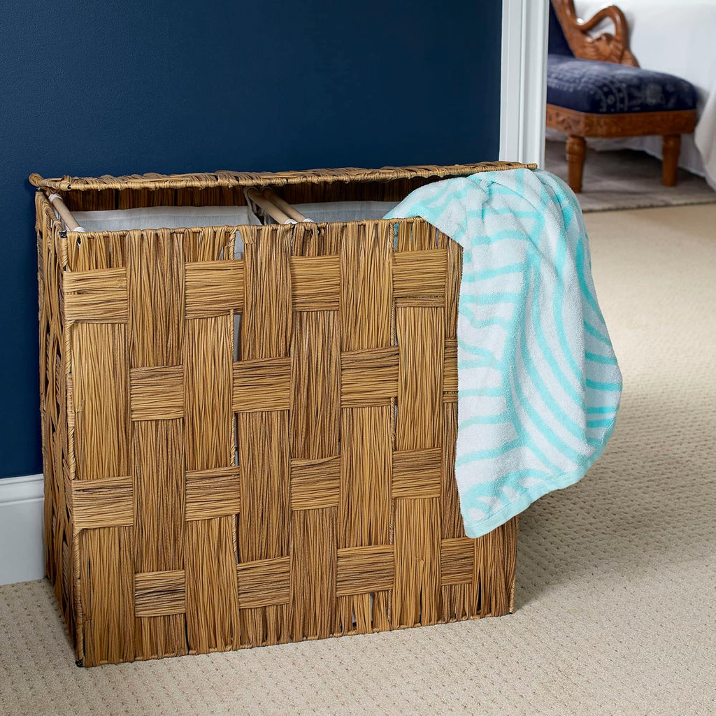 Household Essentials Woven Double Hamper, Natural Resin Weave, Strong Metal Frame, Washable Poly-Cotton Liners with Wooden Dowels, Moisture-Resistant, Easy to Assemble