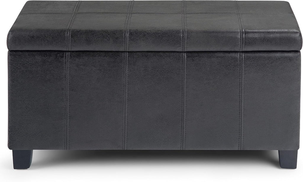 SIMPLIHOME Dover Storage Ottoman Bench - 36 inch Wide Upholstered Vegan Leather Rectangular Lift-Top Ottoman in Distressed Black, Contemporary Bench for Living Room with Safety Hinges