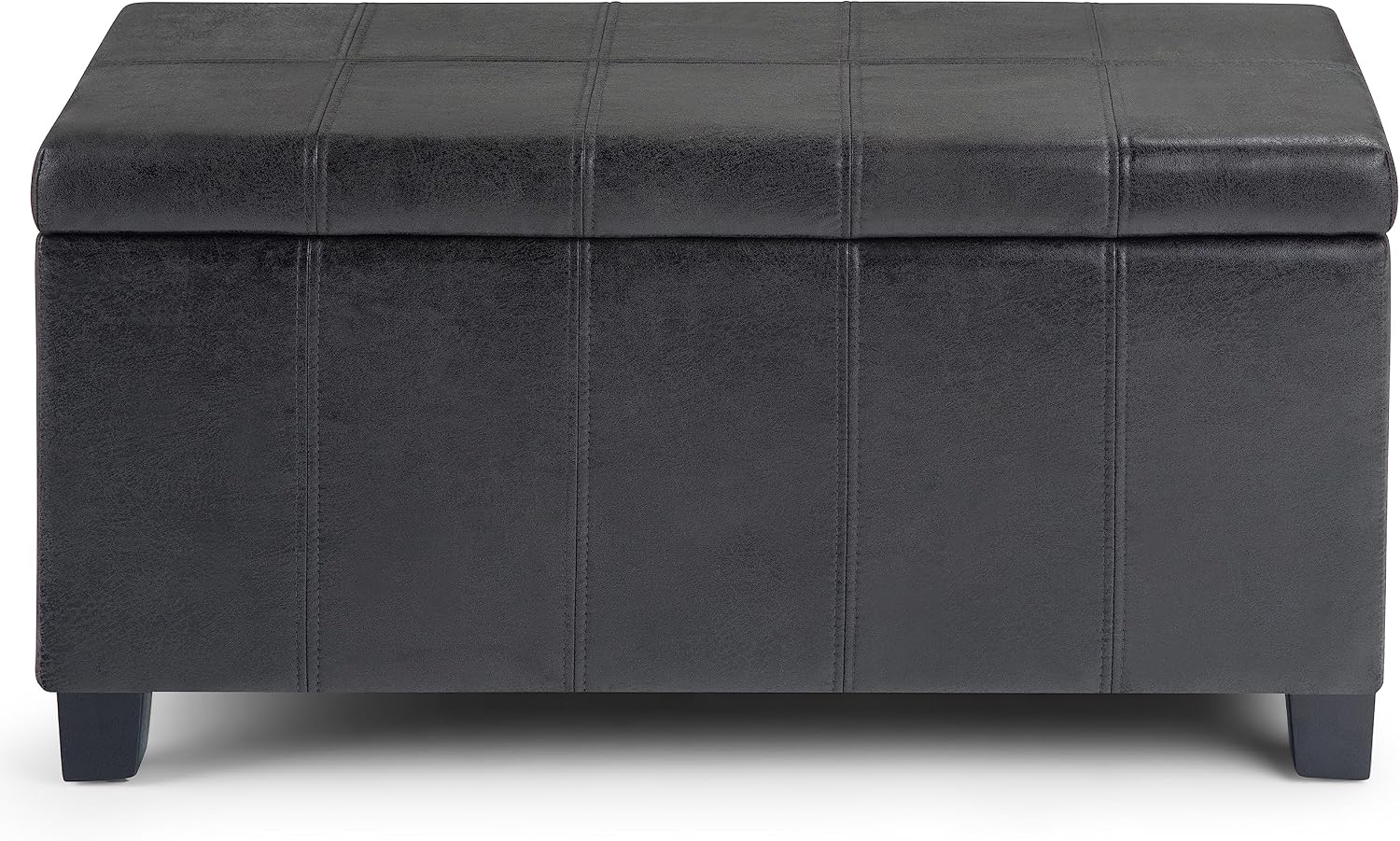 SIMPLIHOME Dover Storage Ottoman Bench - 36 inch Wide Upholstered Vegan Leather Rectangular Lift-Top Ottoman in Distressed Black, Contemporary Bench for Living Room with Safety Hinges