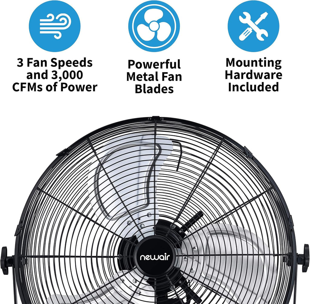 NewAir 20' High Velocity Wall Mount Fan, Heavy Duty Waterproof Outdoor Fan, Adjustable Tilt and 3 Speeds up to 4650 CFM, Pull Chain Switch | Wall Fan or Garage Fan for Indoor, Patio, Gym or Porch