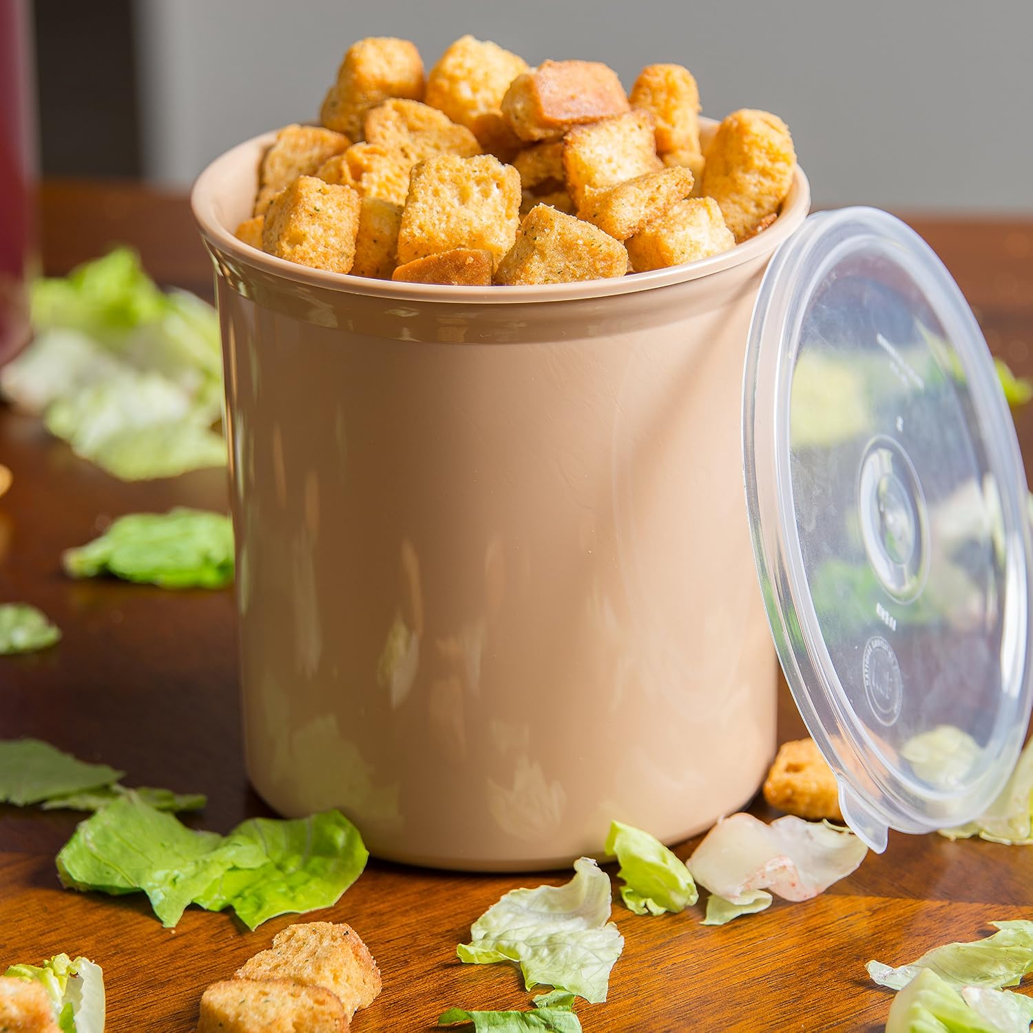 Carlisle FoodService Products Classic Round Storage Container Crock with Lid for Kitchen, Restaurants, Home, Plastic, 1.2 Quarts, Beige, (Pack of 12)