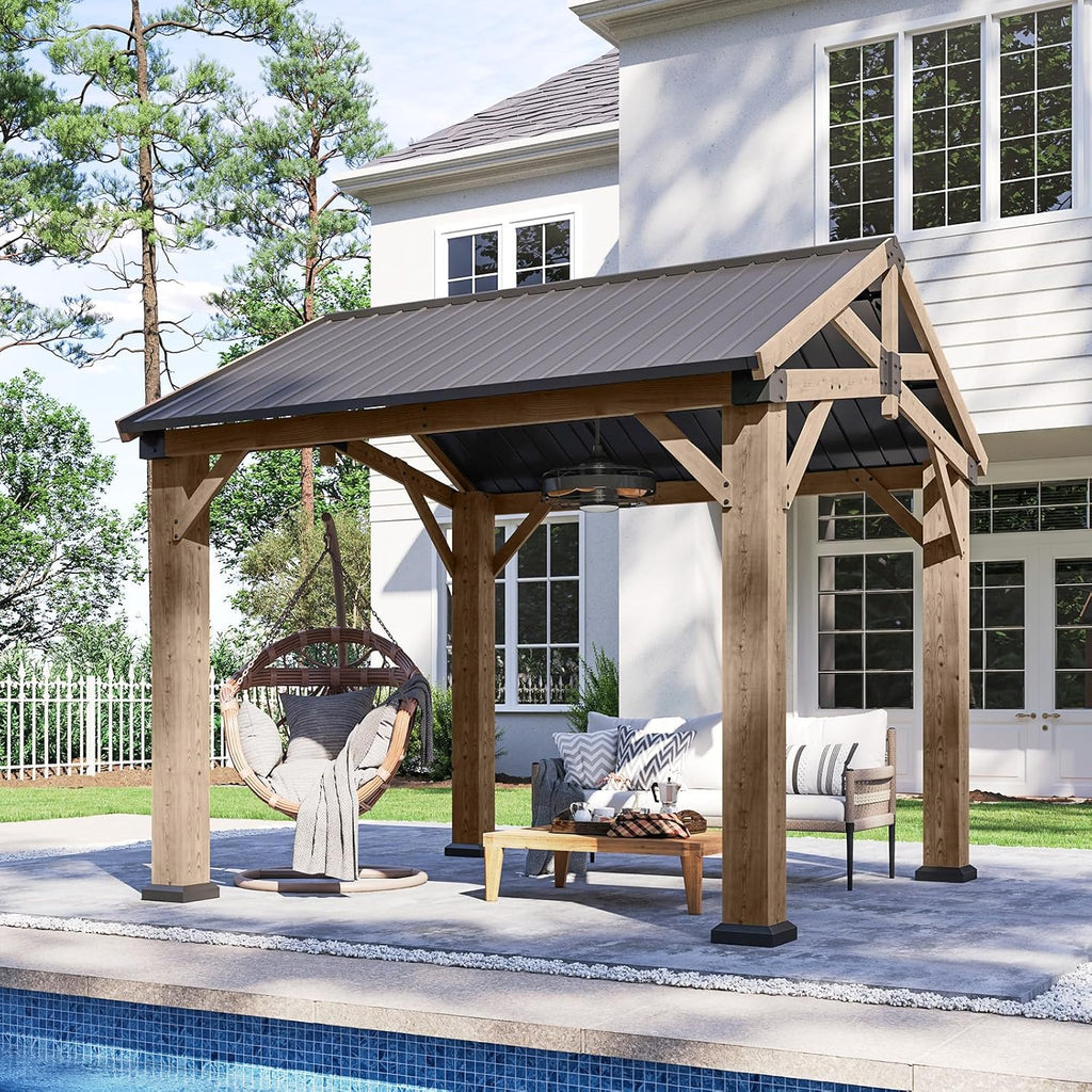 Aoxun 10' x 10' Outdoor Wood Gazebo with 20' Ceiling Fan with Light, Hardtop Gazebo Permanent Wooden Pavilion with Galvanized Steel Gable Roof, for Patio, Garden, Backyard, Cedar Wood