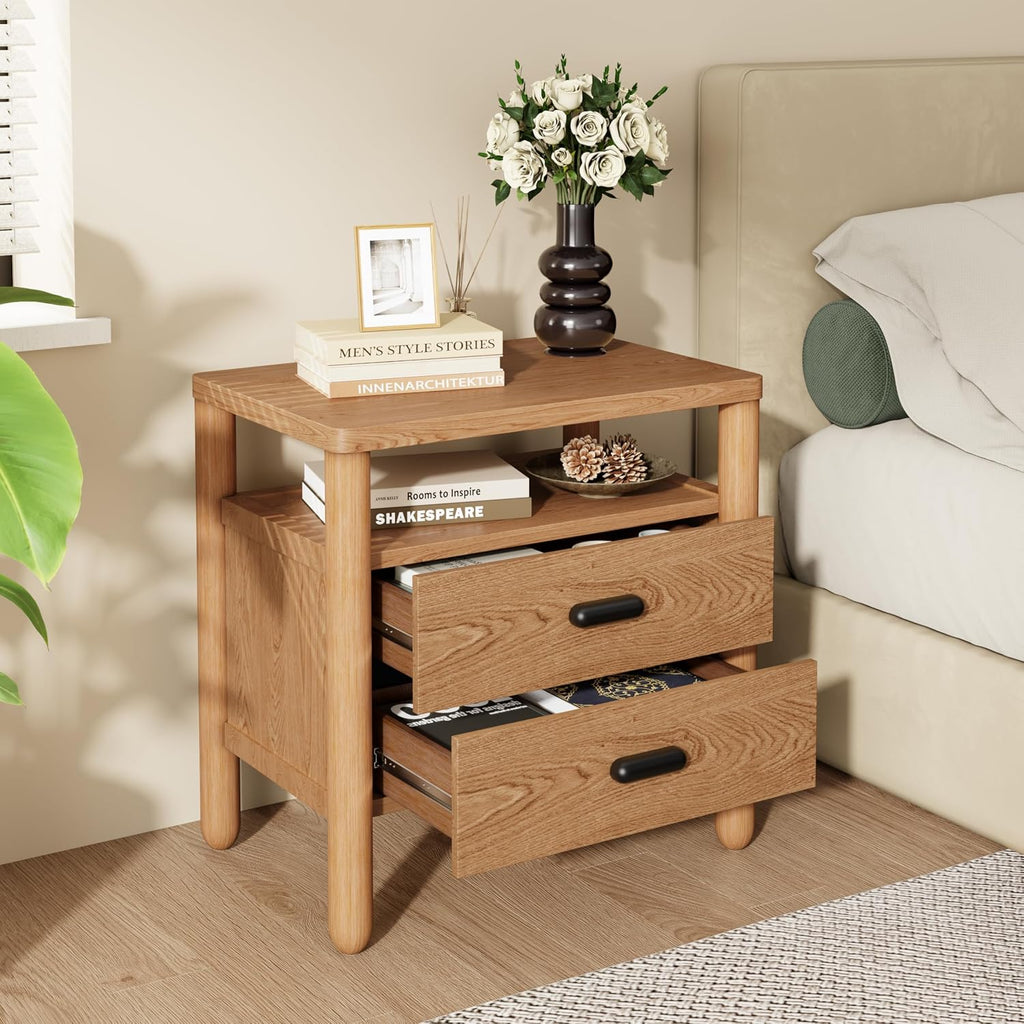 Christopher Knight Home Delwyn Modern Nightstand, Wooden Small Night Stand with Drawers and Open Storage Shelf, Bedside Table/End Table with Rounded Legs, Multipurpose Storage Cabinet, Natural