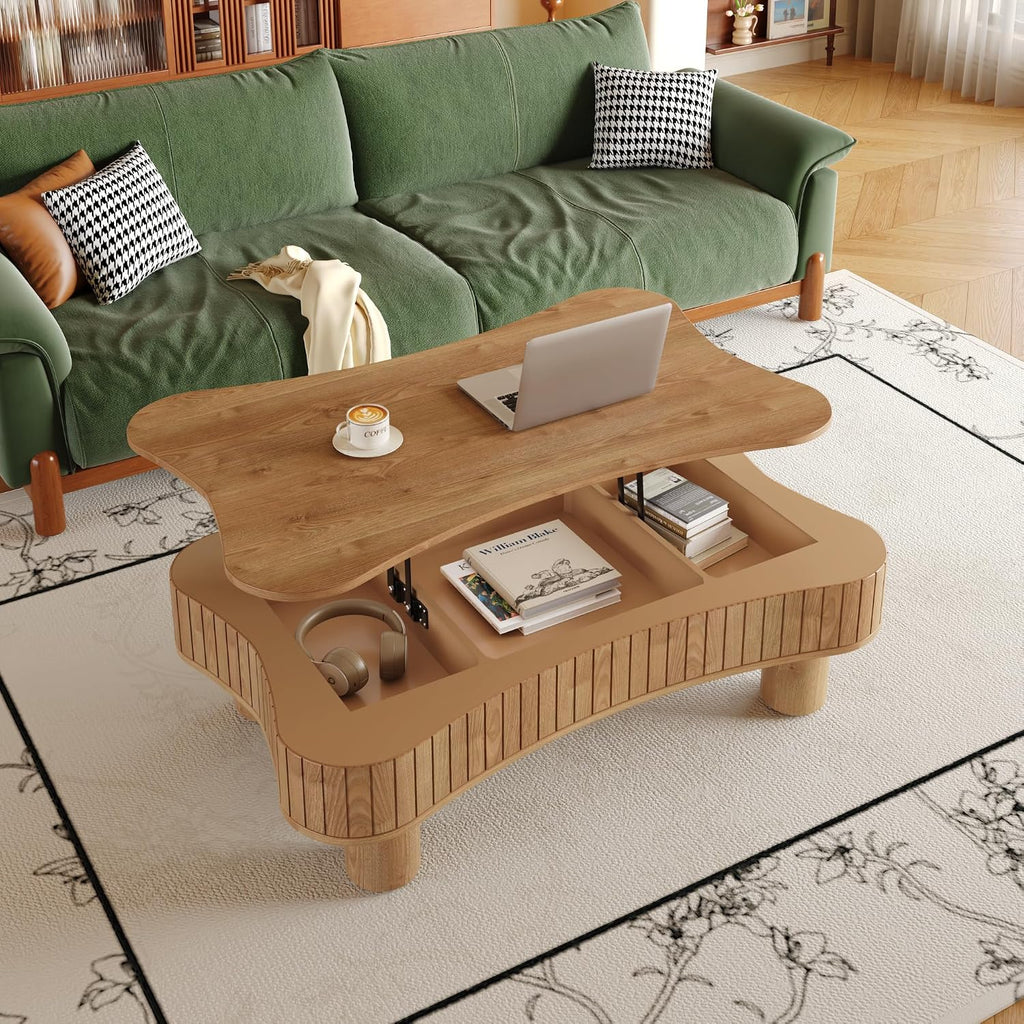Zurnes Lift Top Coffee Table with Storage, 42' Accent Table for Living Room, Fluted Panel Hidden Storage, Silent Hydraulic Lift, Curved Corners, Easy Assembly, Light Brown