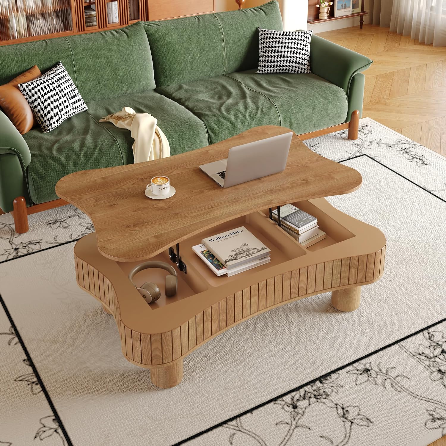 Zurnes Lift Top Coffee Table with Storage, 42' Accent Table for Living Room, Fluted Panel Hidden Storage, Silent Hydraulic Lift, Curved Corners, Easy Assembly, Light Brown