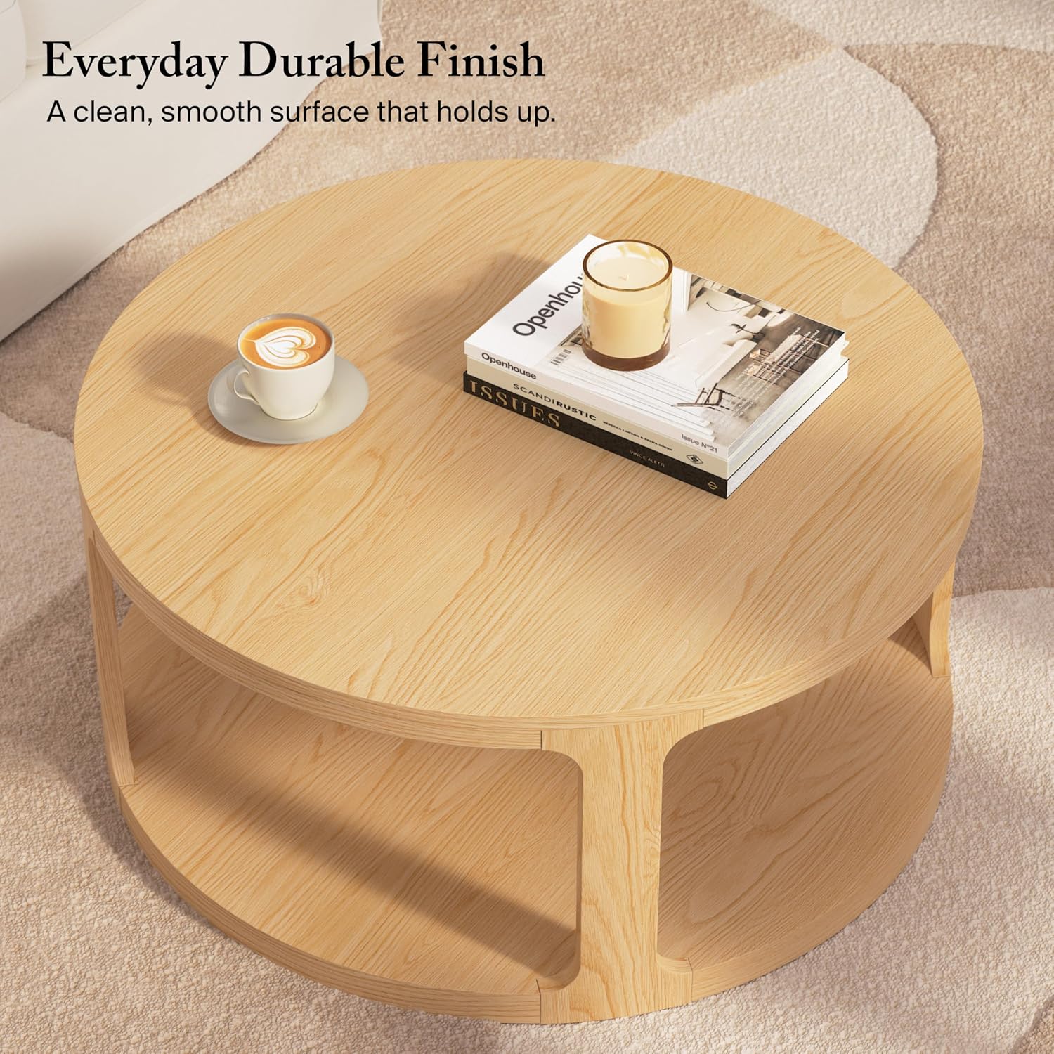 Bush Home Vera Round Coffee Table with Set of 2 Round End Tables, Living Room Furniture, Vera Collection, Natural White Oak