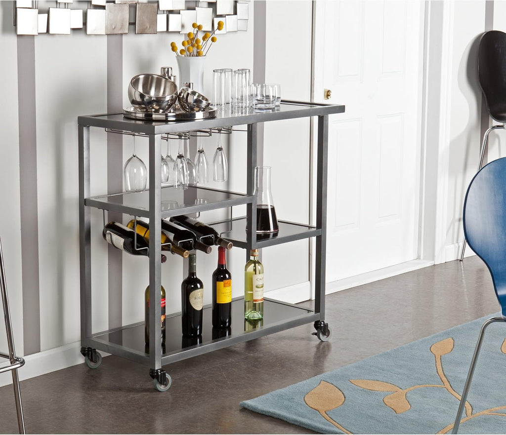 SEI Furniture - Holly & Martin Zephs Bar Cart - Grey - Iron Metal & Tempered Glass - Modern Design - Ideal for Living Rooms, Dining Rooms, Home Bars, 40' W x 16' D x 37.5' H (HZ8810)