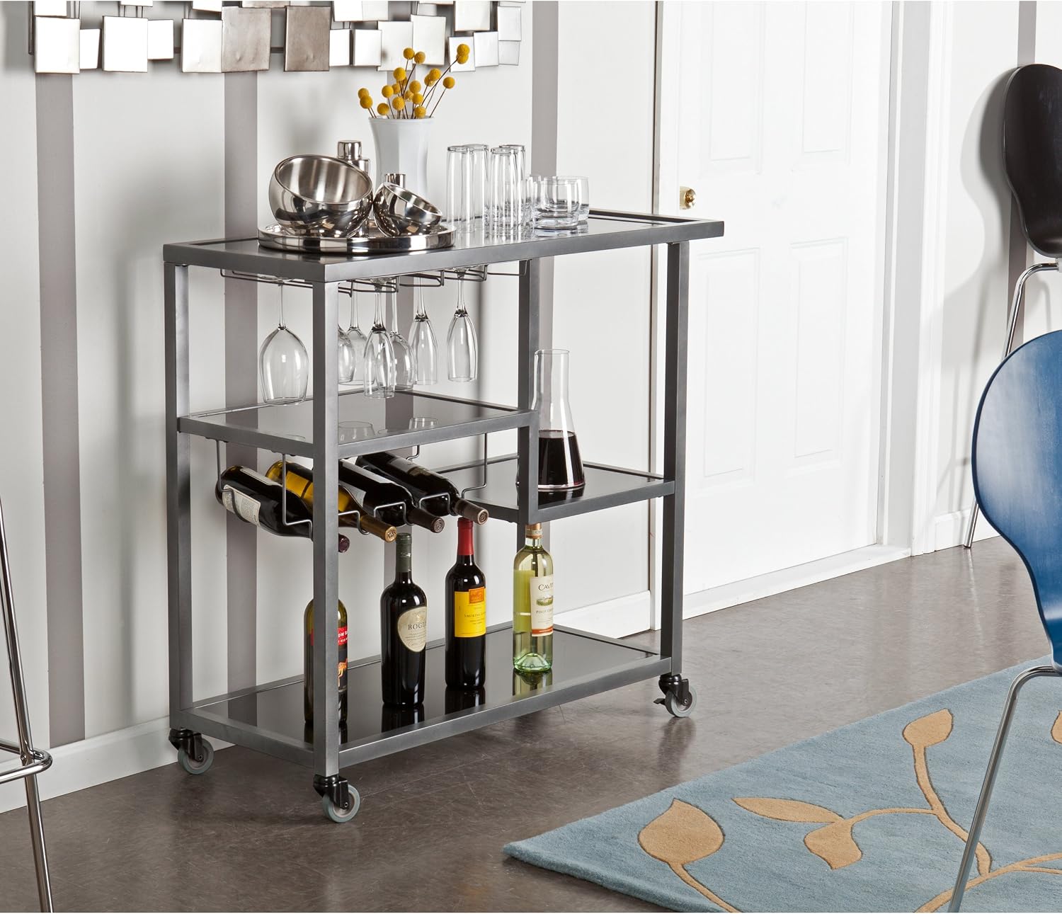 SEI Furniture - Holly & Martin Zephs Bar Cart - Grey - Iron Metal & Tempered Glass - Modern Design - Ideal for Living Rooms, Dining Rooms, Home Bars, 40' W x 16' D x 37.5' H (HZ8810)
