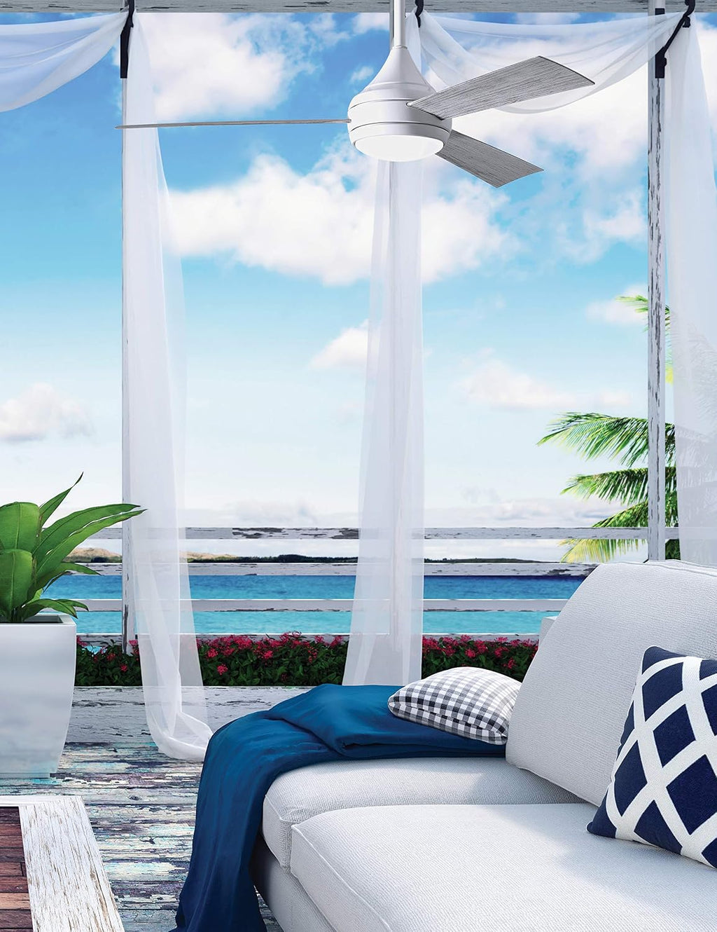 Matthews DA-WH-BS Donaire Outdoor Wet/Salt Water Rated 52' Marine-Grade Coastal Ceiling Fan with LED Light & Remote, Gloss White with Brushed Stainless