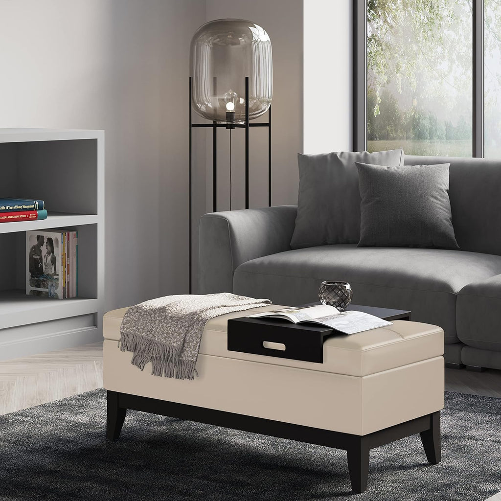 SIMPLIHOME Oregon Storage Ottoman Bench with Tray - 42 inch Wide Upholstered Vegan Leather Rectangle Storage Ottoman Bench in Satin Cream, Transitional Tufted Ottoman for Living Room with Lift-Up Lid