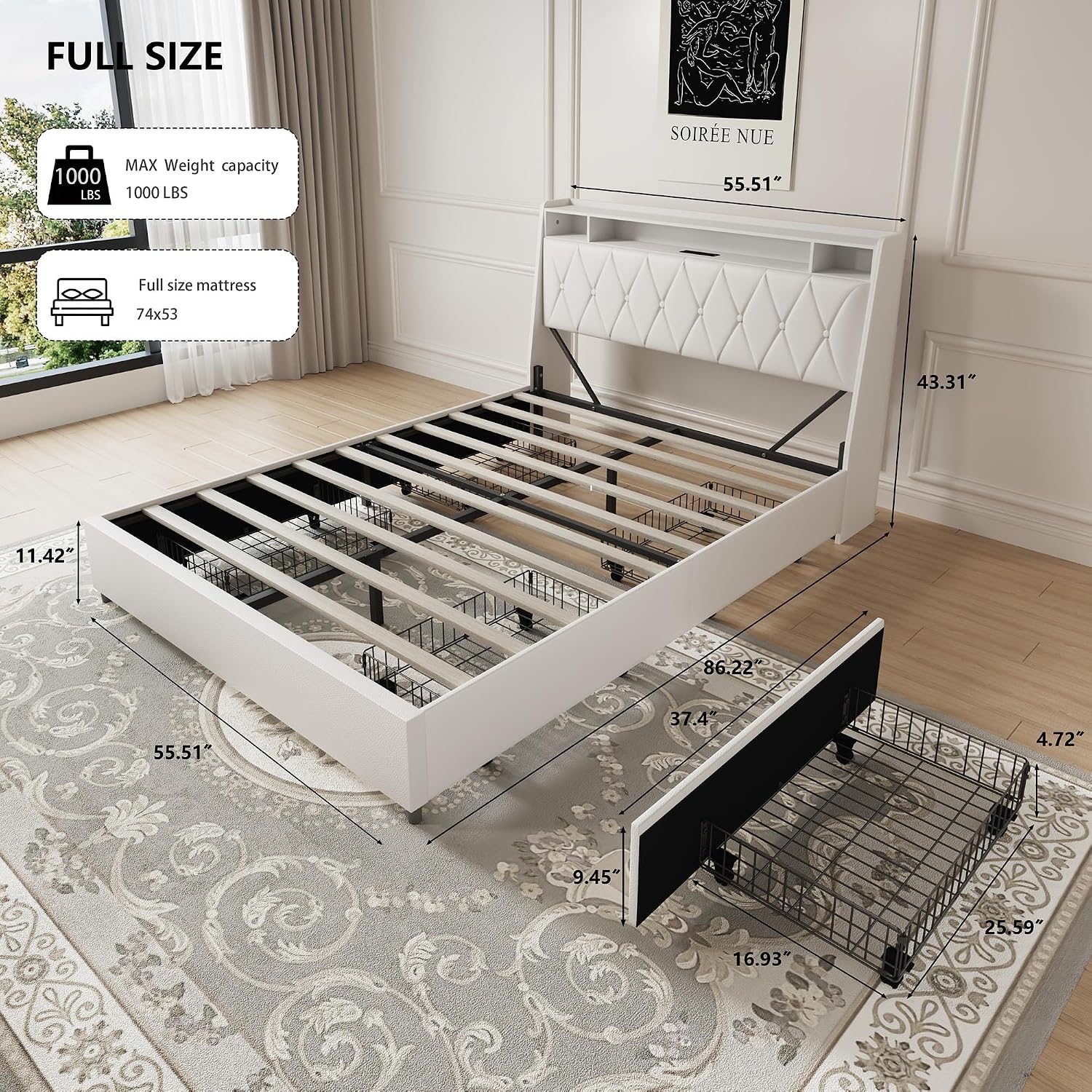 Christopher Knight Home Manley Faux Leather Full Size Bed Frame with Ergonomic Headboard,Platform Bed Frame with Outlets&Charger,Metal&Wood Frame,Storage Shelf, Noise-Free,No Box Spring Needed, White