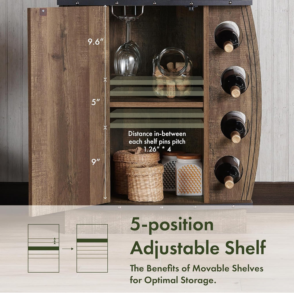 24/7 Shop at Home Delia Vintage 8 Bottle Small Wine Cabinet with Storage, Indoor Home Bar Furniture, Glass Holder, Drawer, Adjustable Shelf for Kitchen, Living Room, Apartment, Dining Room, Oak Brown
