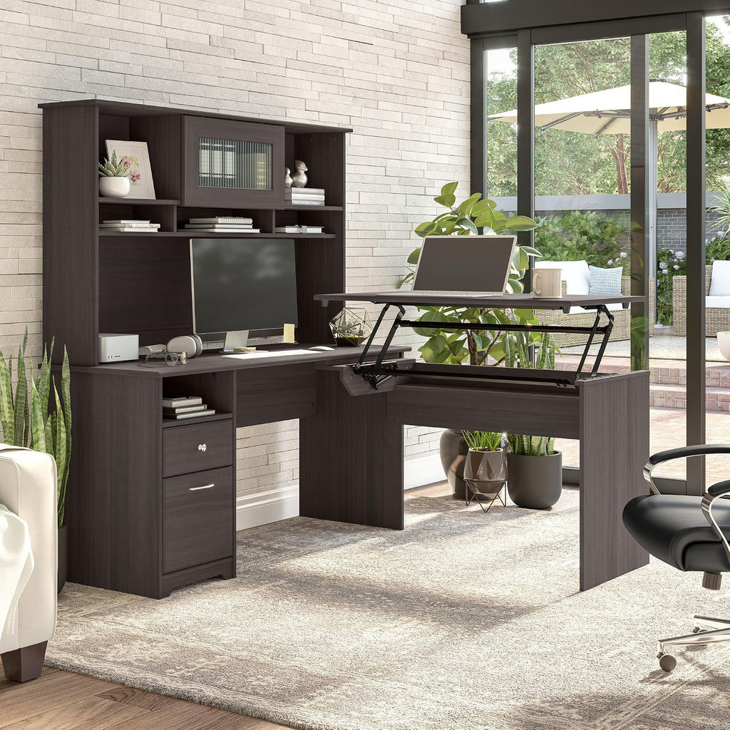 Bush Home Cabot 60W Desk Hutch in Heather Gray, Attachment with Shelves and Cabinet for Home Office