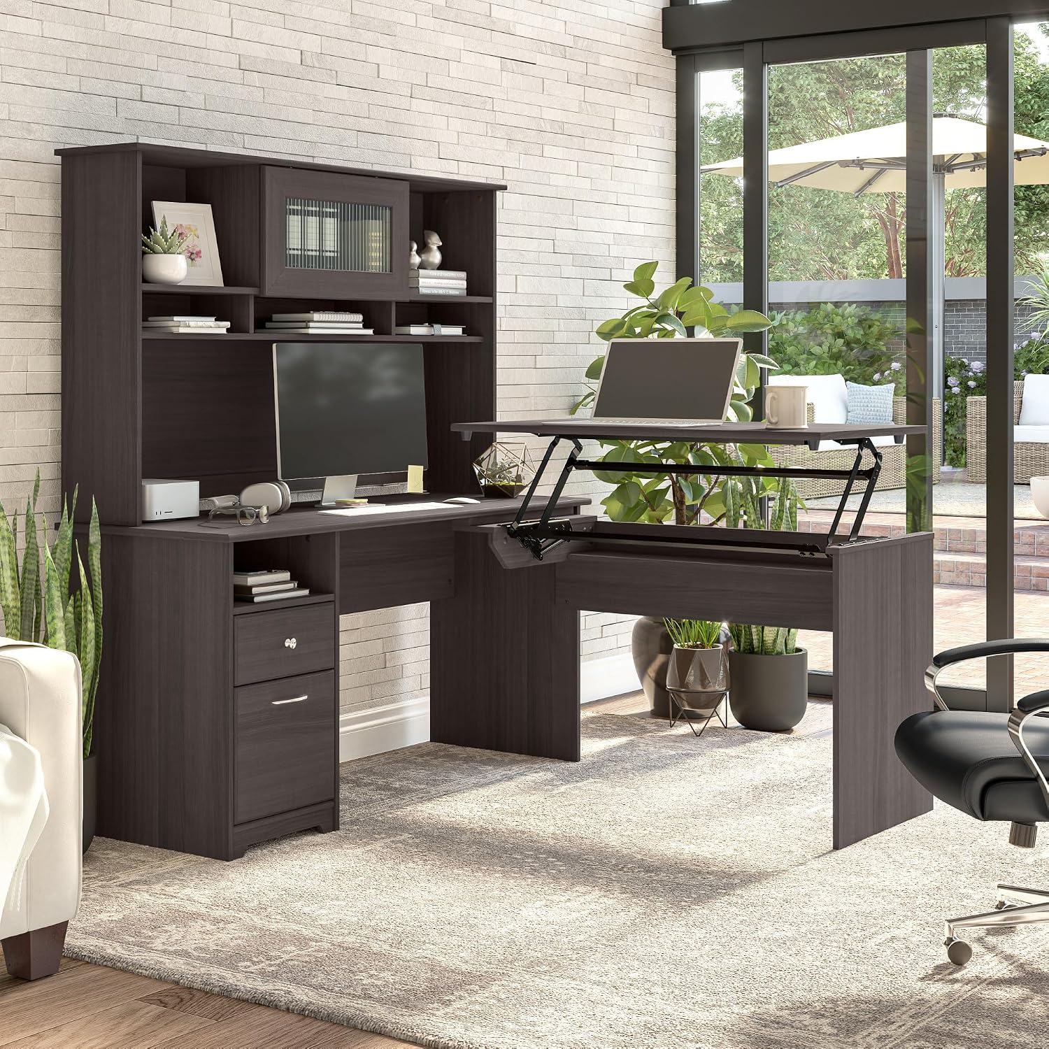 Bush Home Cabot 60W Desk Hutch in Heather Gray, Attachment with Shelves and Cabinet for Home Office
