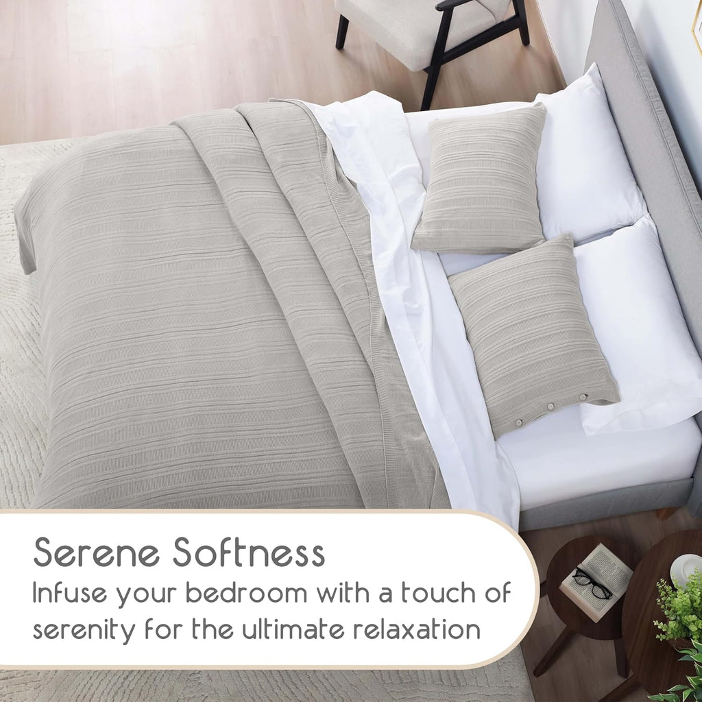 Vellux Malmo 3-Piece Blanket Set – Full/Queen Size – Striped Knit – Lightweight – All-Season Throw Blanket – House Decor – for Sofa, Bed, and Couch – Supersoft Apartment Essentials – Light Gray