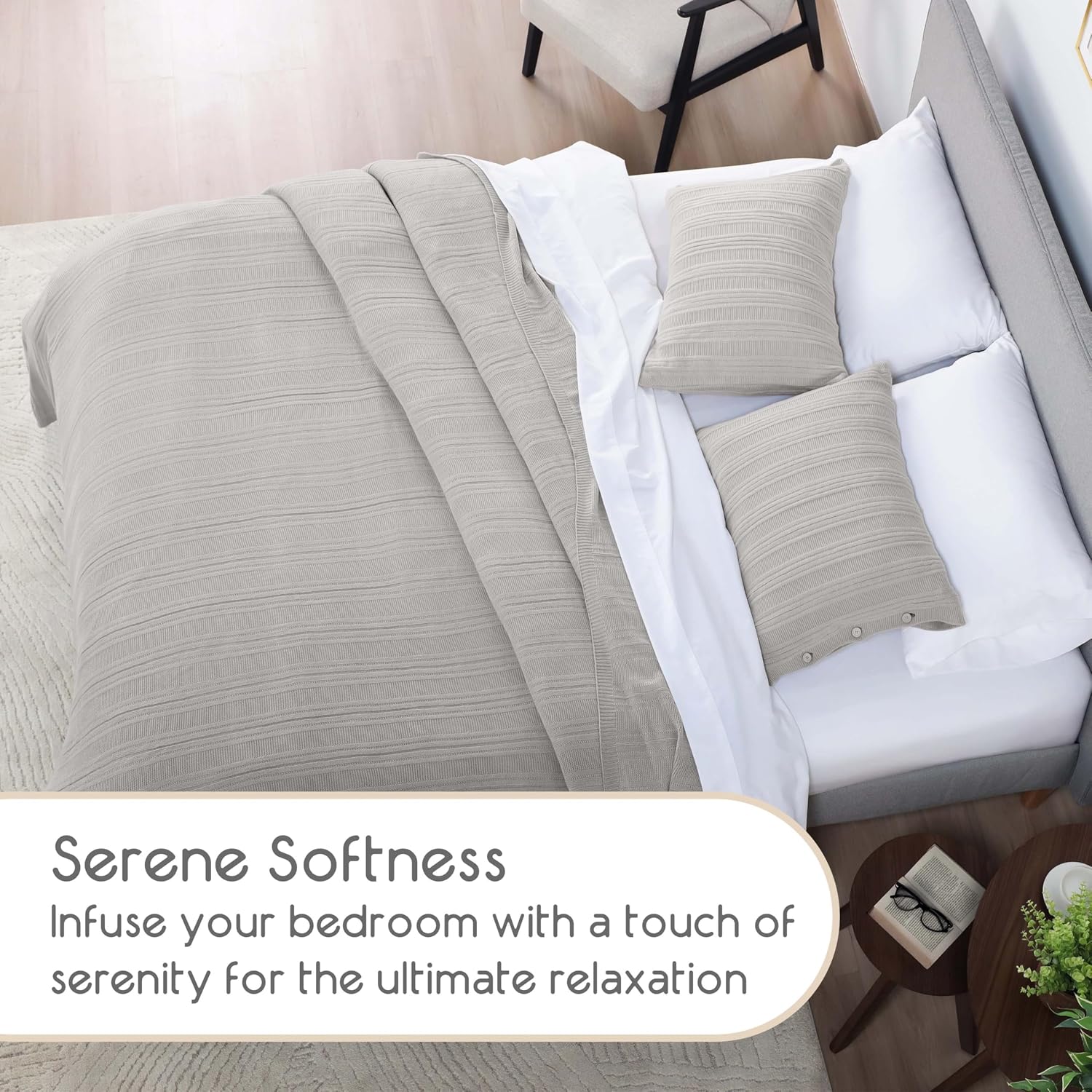 Vellux Malmo 3-Piece Blanket Set – Full/Queen Size – Striped Knit – Lightweight – All-Season Throw Blanket – House Decor – for Sofa, Bed, and Couch – Supersoft Apartment Essentials – Light Gray