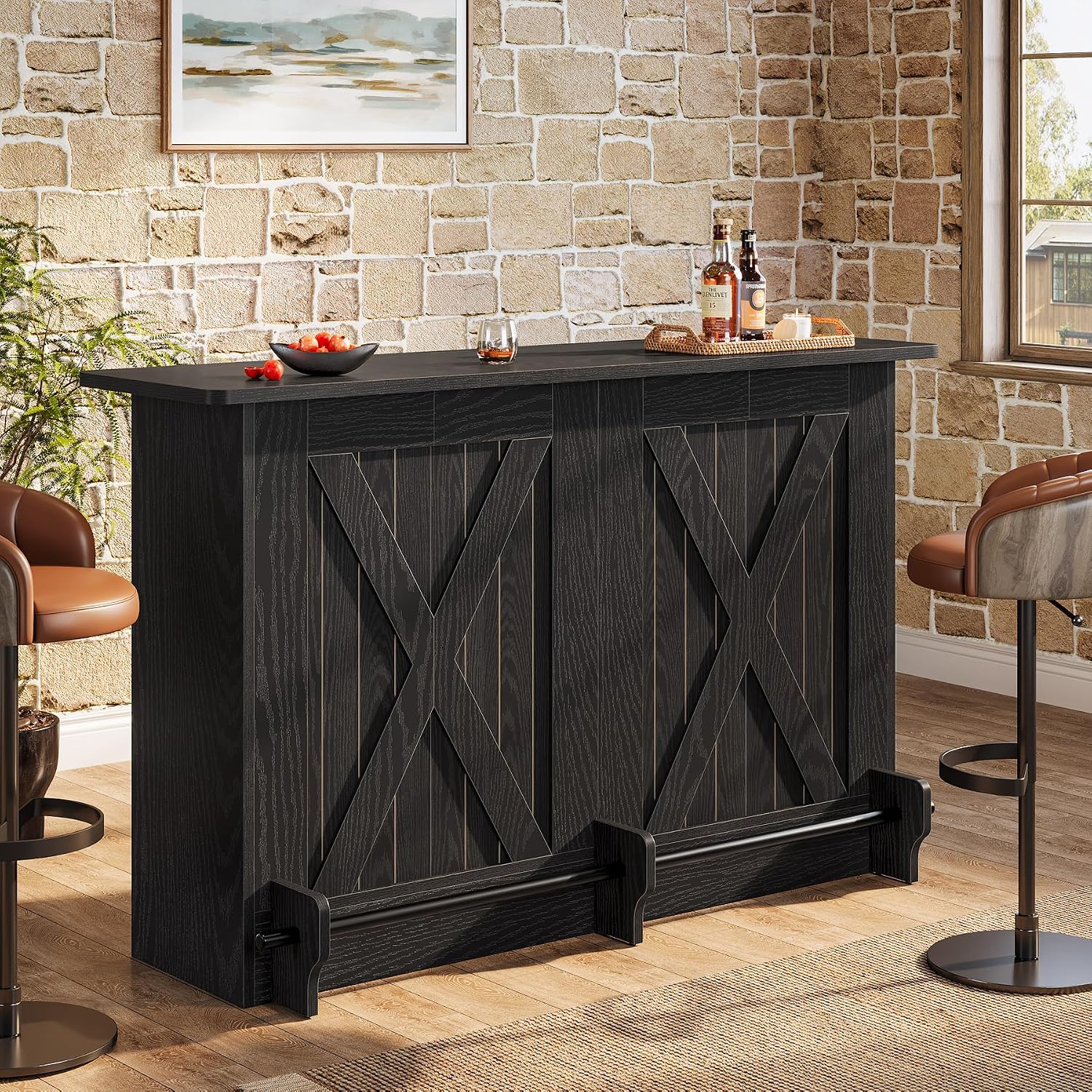 Tribesigns 63-Inch Bar Table, 2-Tier Bar Cabinet Height Pub Table with Footrest, Modern Coffee Cabinet for Home Kitchen, Large Home Unit Liquor Furniture, Bistro, Dining Room, Living Room (1, Black)