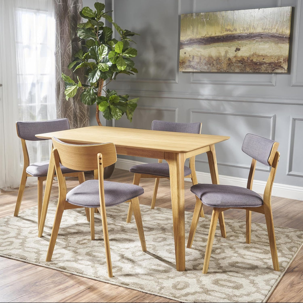 Christopher Knight Home Megann Mid-Century Wood Dining Set with Fabric Chairs, 5-Pcs Set, Natural Oak / Dark Grey