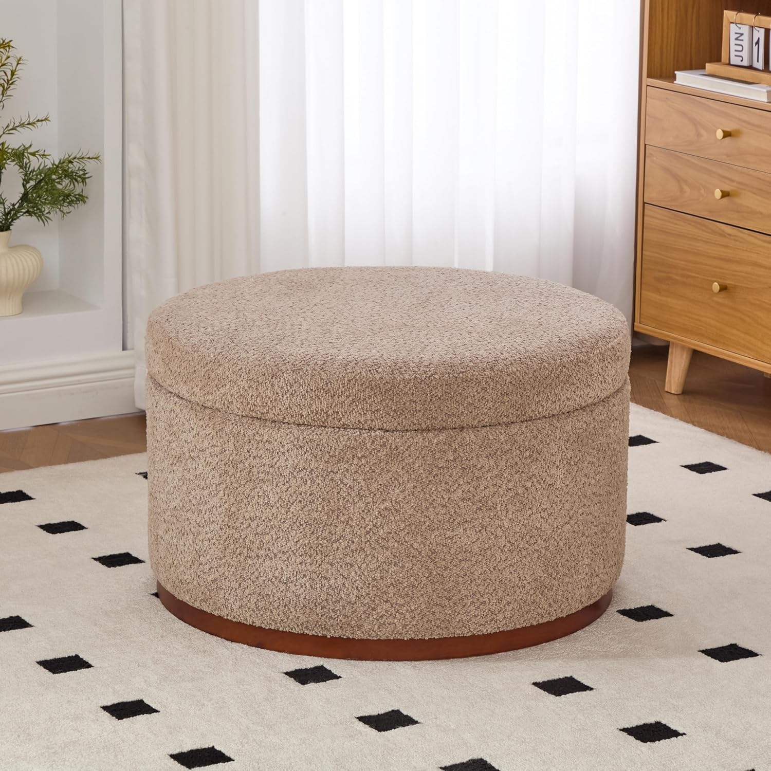 Christopher Knight Home Sadin Modern Round Ottoman with Storage for Living Room, Lift-Lid Storage Ottoman Coffee Table, Chenille Upholstered Ottoman Foot Rest, No Assembly Needed, Light Brown