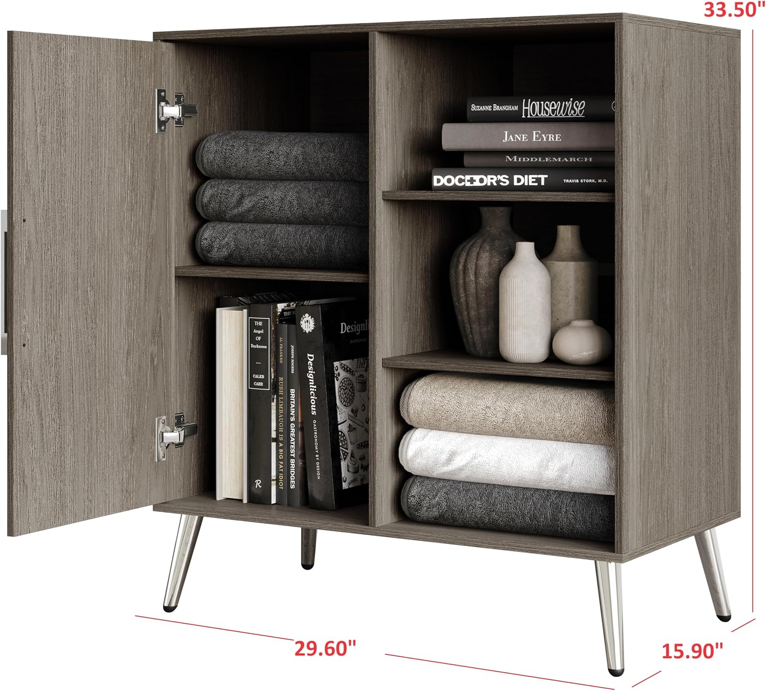 HOME DESIGN Ashwin Sideboard, Modern Storage Cabinet with Drawers & Shelves, Silver-Tone Tapered Legs, Sleek Durable Design, Easy Assembly