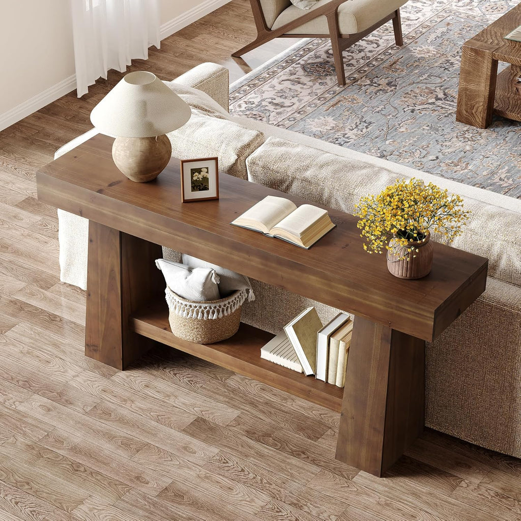 Solid Wood Console Table, 63-Inch Entryway Table with Storage, Long Wooden Sofa Table Behind Couch for Entryway, Hallway, Foyer, Living Room, Brown Wood