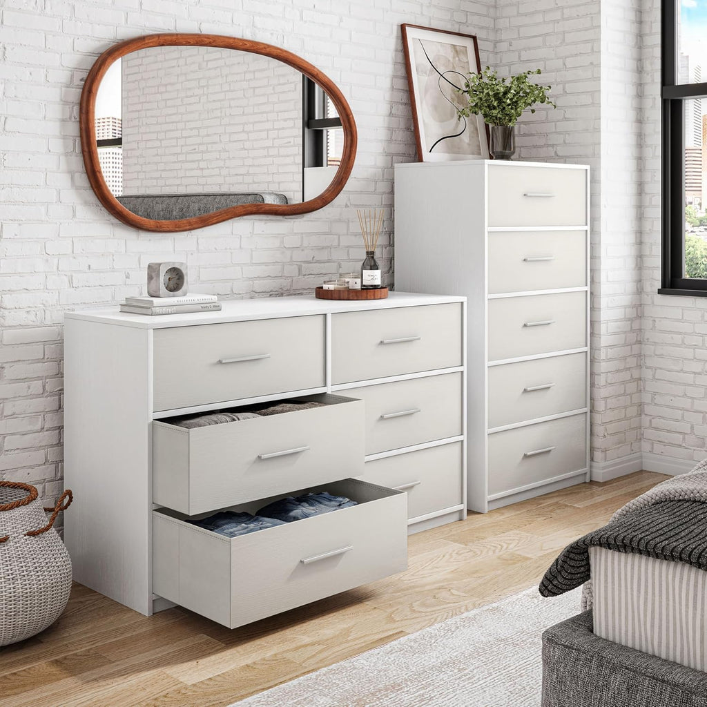 Modern 6-Drawer Dresser with Spacious Storage, Sturdy Wood Frame, Large Capacity Fabric Drawers, Dressers for Bedroom, Home Organization Storage for Living Room or Hallway, White