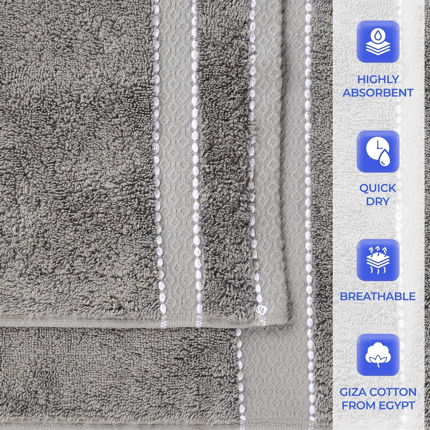 Superior Egypt Produced Giza Cotton 12 Piece Towel Set, Luxury Plush Bathroom Essentials, Quick Dry, Shower, Spa, Soft, Includes 4 Bath, 4 Hand, 4 Washcloth/Face Towels, Niles Collection, Charcoal