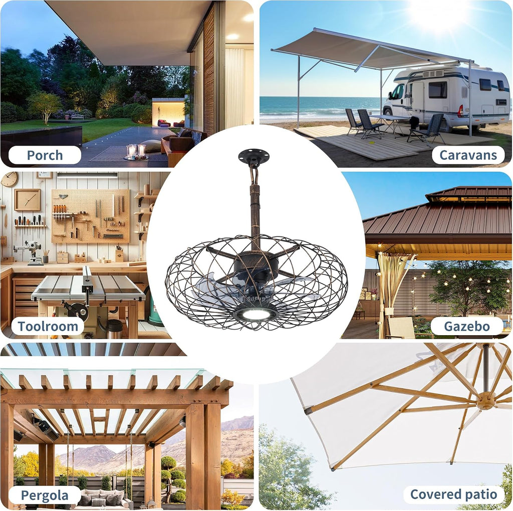 Miuyhji Retro Outdoor Ceiling Fans with LED Light, 20' Waterproof Gazebo Fan Plug in Caged Industrial Fandelier Ceiling Fan with Remote, 6 Speeds Adjustable Height Fan for Bedroom Living Room Pergola