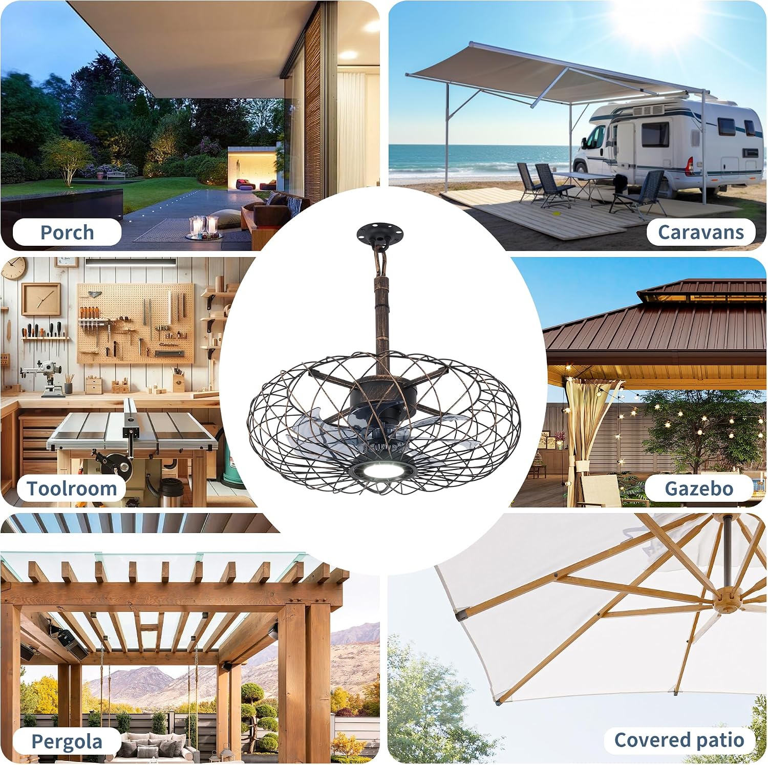 Miuyhji Retro Outdoor Ceiling Fans with LED Light, 20' Waterproof Gazebo Fan Plug in Caged Industrial Fandelier Ceiling Fan with Remote, 6 Speeds Adjustable Height Fan for Bedroom Living Room Pergola