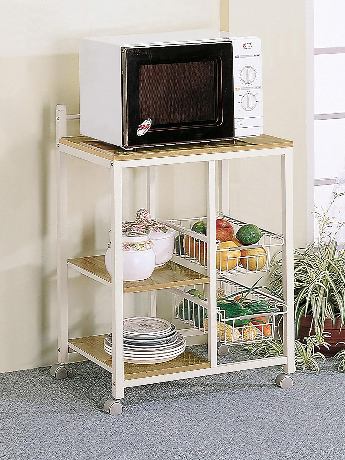 Coaster Home Furnishings - Kelvin - Wood & Metal - 2-Shelf Mobile Kitchen Cart - Contemporary Style, Butcher Block Top, Duplex-Type Storage, Wire Baskets - Dining Room - Natural Brown & White - 2506