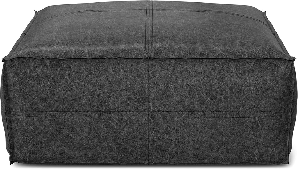SIMPLIHOME Brody Boho Square Pouf in Distressed Black Vegan Faux Leather for the Living Room, Bedroom and Kids Room