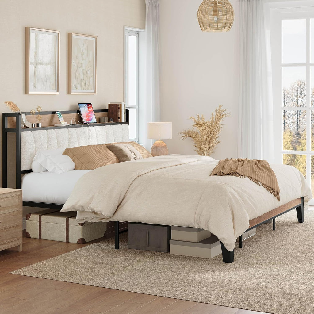 LIKIMIO King Bed Frames, Storage Headboard with Charging Station, Solid and Stable, Noise Free, No Box Spring Needed, Easy Assembly, Wood and Cream