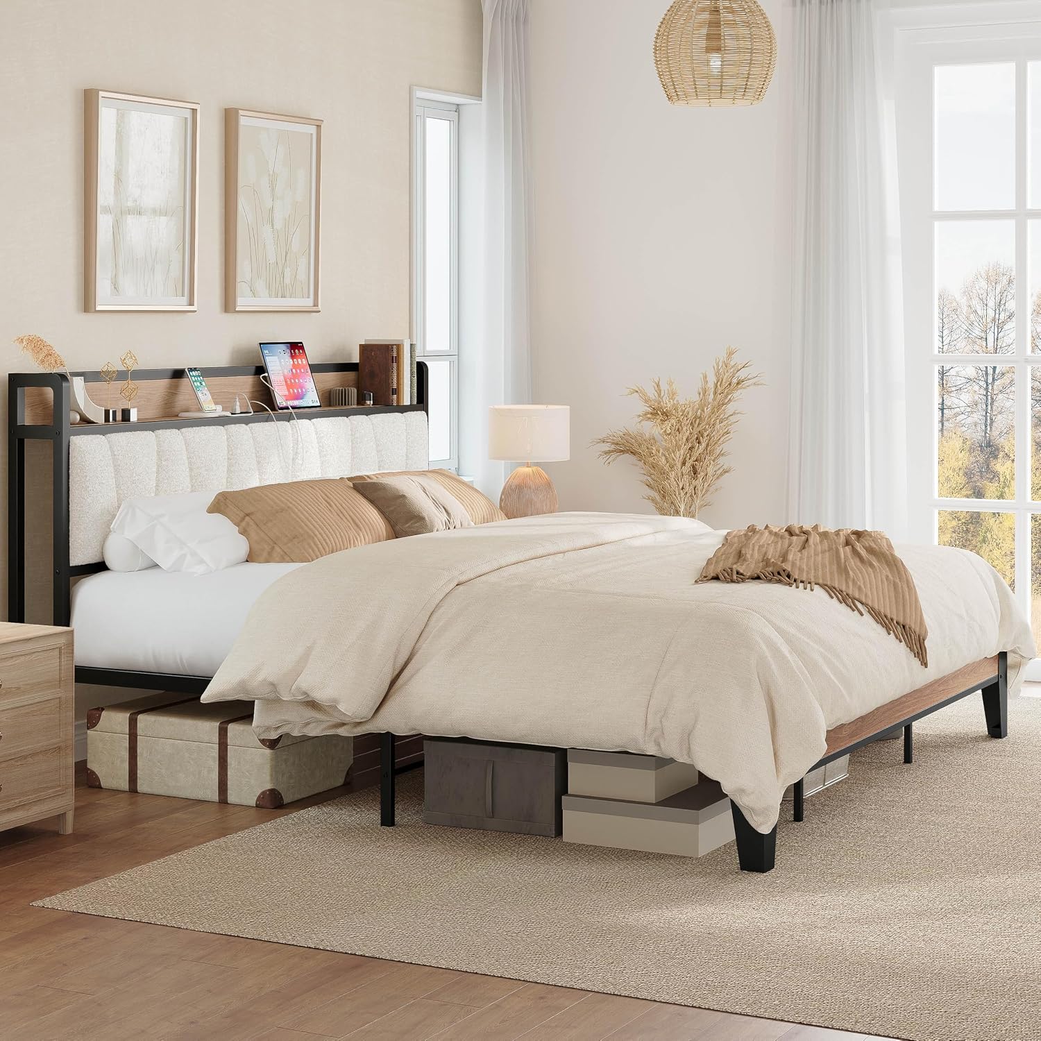 LIKIMIO King Bed Frames, Storage Headboard with Charging Station, Solid and Stable, Noise Free, No Box Spring Needed, Easy Assembly, Wood and Cream