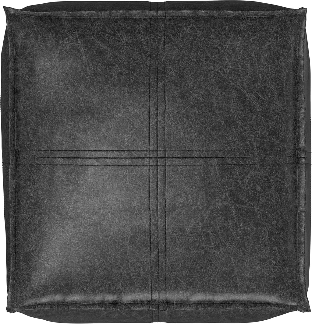 SIMPLIHOME Brody Square Pouf - 18' Wide x 14' High Upholstered Vegan Leather Ottoman in Distressed Black, Boho Footstool, Coffee Table or Extra Seating for Living Room or Bedroom, Assembled