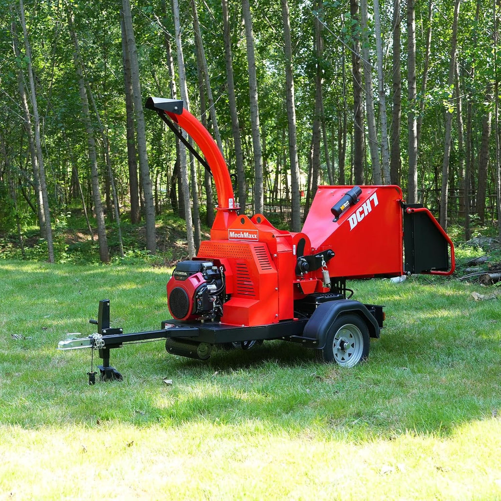 MechMaxx 7'' inch Honda 688cc 22HP Twin Cylinder Electric Starting Gasoline Powered Engine Hydraulic Feeding Towable Wood Chipper Shredder Mulcher with Towbar/Tail Light/Emergency Stop Bar, DCH7