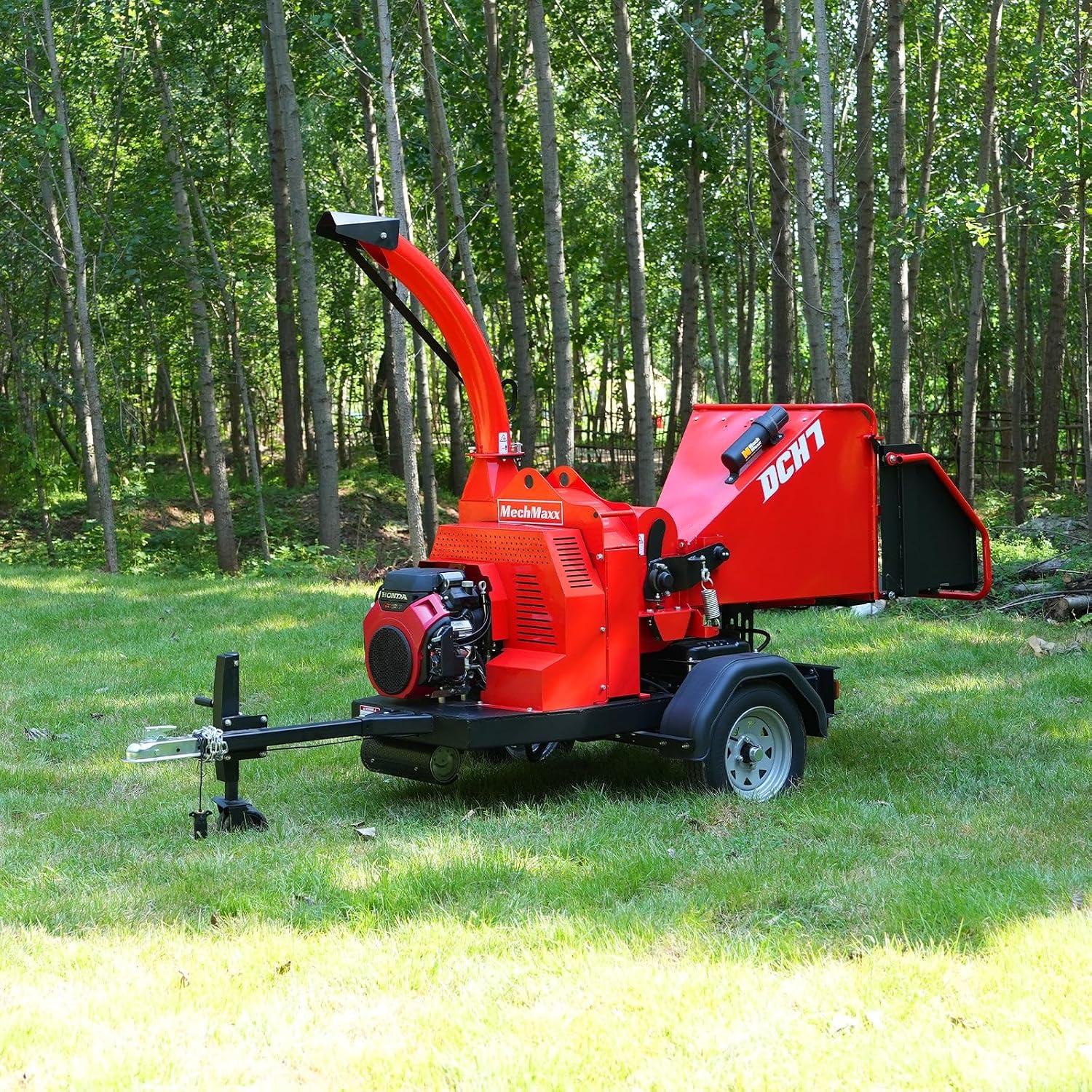 MechMaxx 7'' inch Honda 688cc 22HP Twin Cylinder Electric Starting Gasoline Powered Engine Hydraulic Feeding Towable Wood Chipper Shredder Mulcher with Towbar/Tail Light/Emergency Stop Bar, DCH7