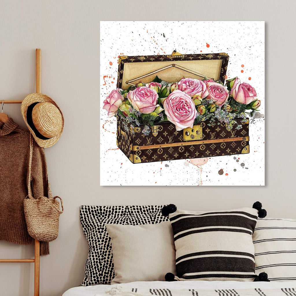 The Oliver Gal Artist Co. Fashion and Glam Wall Art Canvas Prints 'Doll Memories-Trunk Full of Flowers' Travel Essentials Home Décor, 30 in x 30 in, Pink, Brown