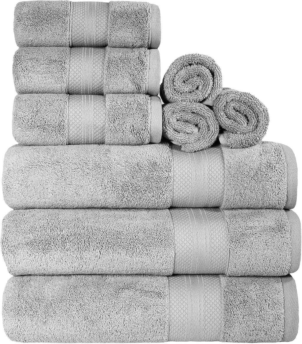 Superior Turkish Cotton 9-Piece Towel Set, 3 Bath, 3 Hand, 3 Face Towels for Home, Bathroom Essentials, Hotel, Resort, Spa, Shower, Adult, Kids, Airbnb, Plush, Soft, Apartment, Grey