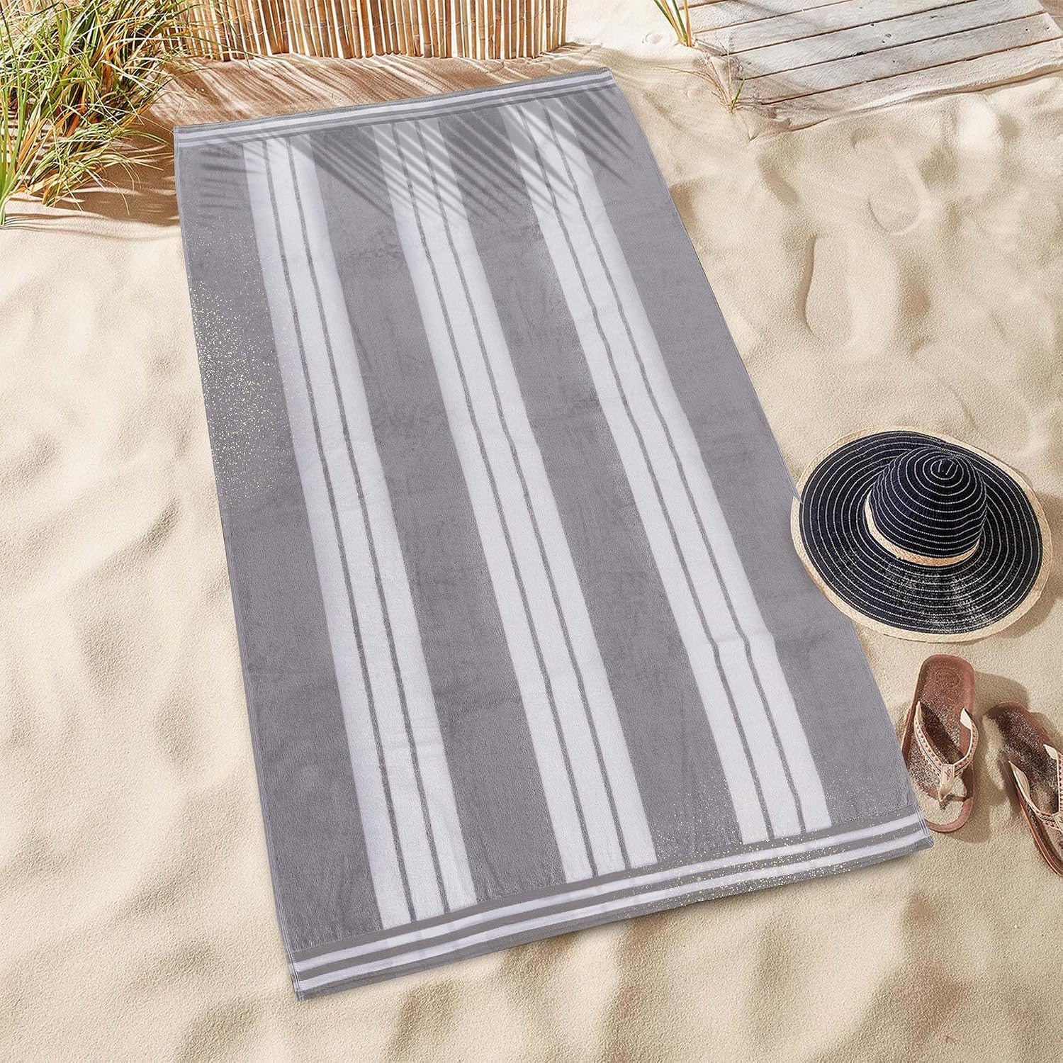 Superior Oversized Cotton Beach Towel Set of 6, Absorbent Towels for Bathroom, Beach, Pool, Swim, Adults, Kids, Vacation, Travel, Bath, Quick Dry Basics, Trip Essentials, Striped Decor, Light Grey