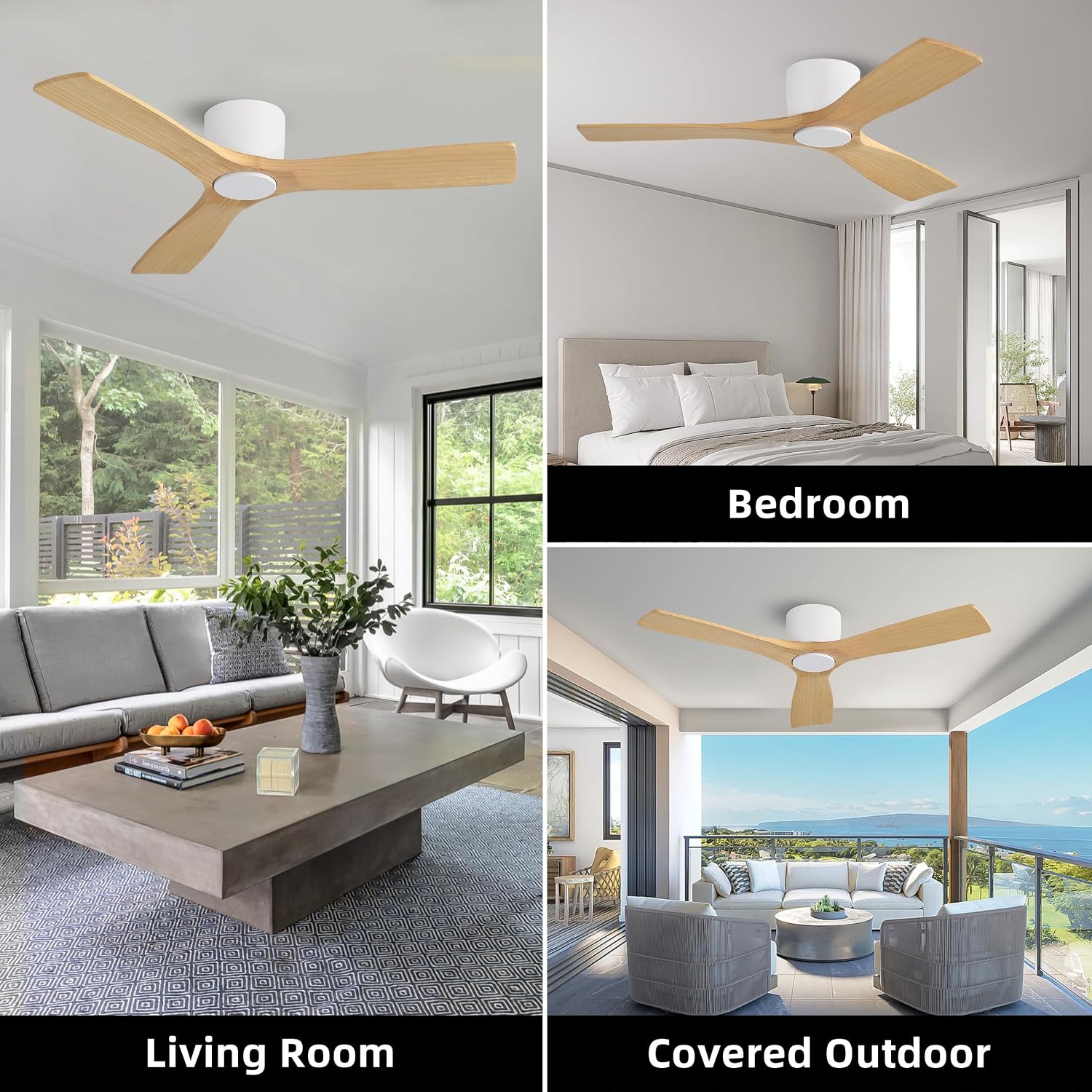 WINGBO 48 Inch Flush Mount DC Ceiling Fan without Lights, 3 Carved Wood Blades, 6-Speed Noiseless Reversible DC Motor, Hugger Ceiling Fan No Lights in White Finish with Oak Blades, ETL Listed