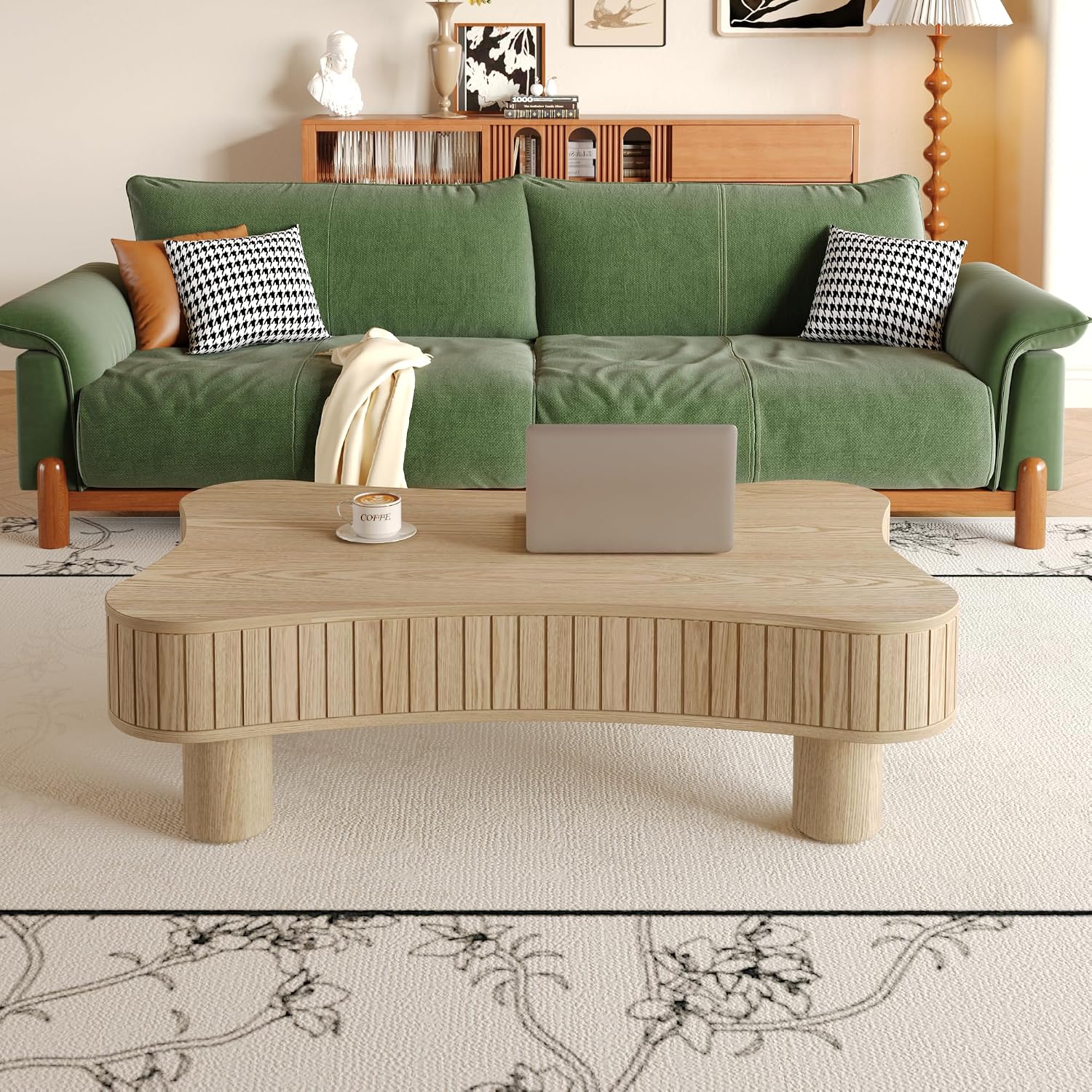 Zurnes Lift Top Coffee Table with Storage, 42' Accent Table for Living Room, Fluted Panel Hidden Storage, Silent Hydraulic Lift, Curved Corners, Easy Assembly, Natural Wood