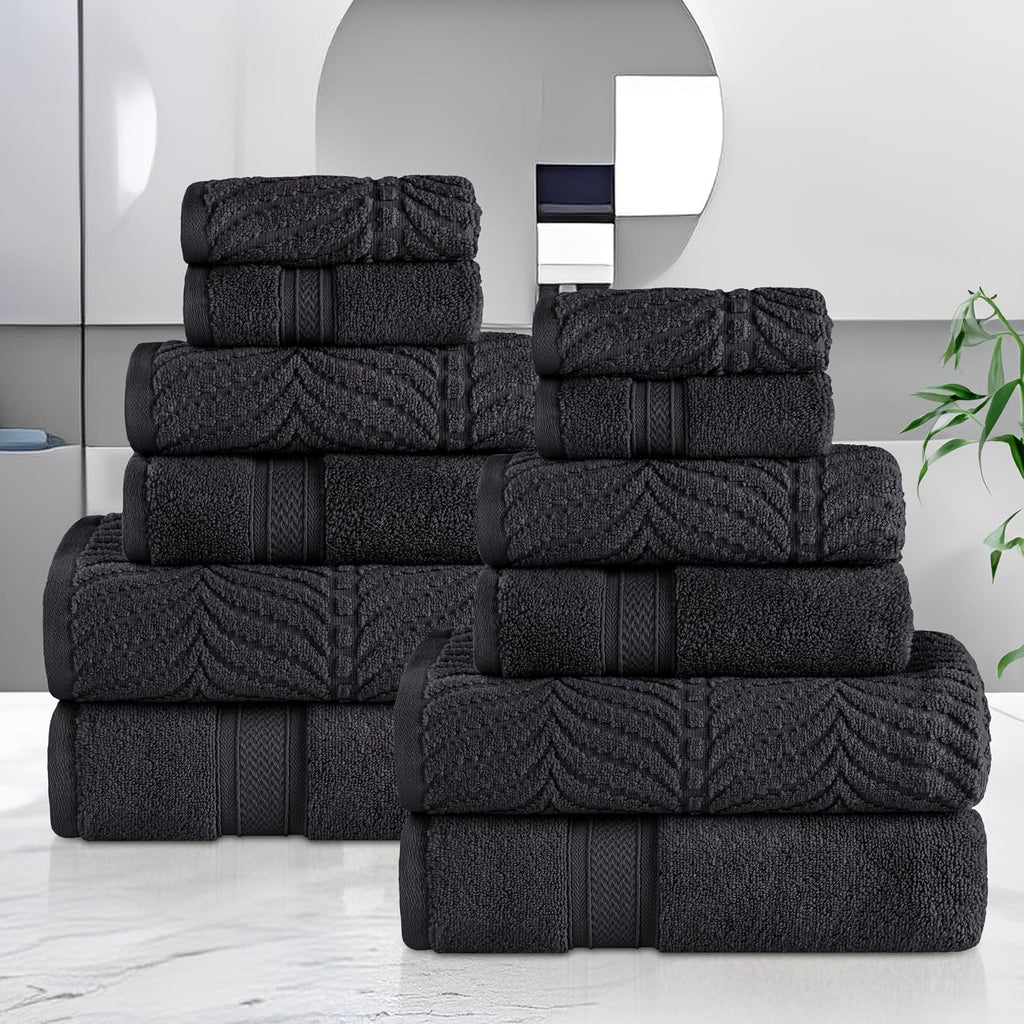 Superior Cotton Chevron 12 Piece Assorted Towel Set, Zero Twist, Quick Dry, Home Essentials, Shower, Spa, Luxury Plush Soft Absorbent Towels, Includes 4 Bath, 4 Hand, 4 Washcloth/Face Towels, Black
