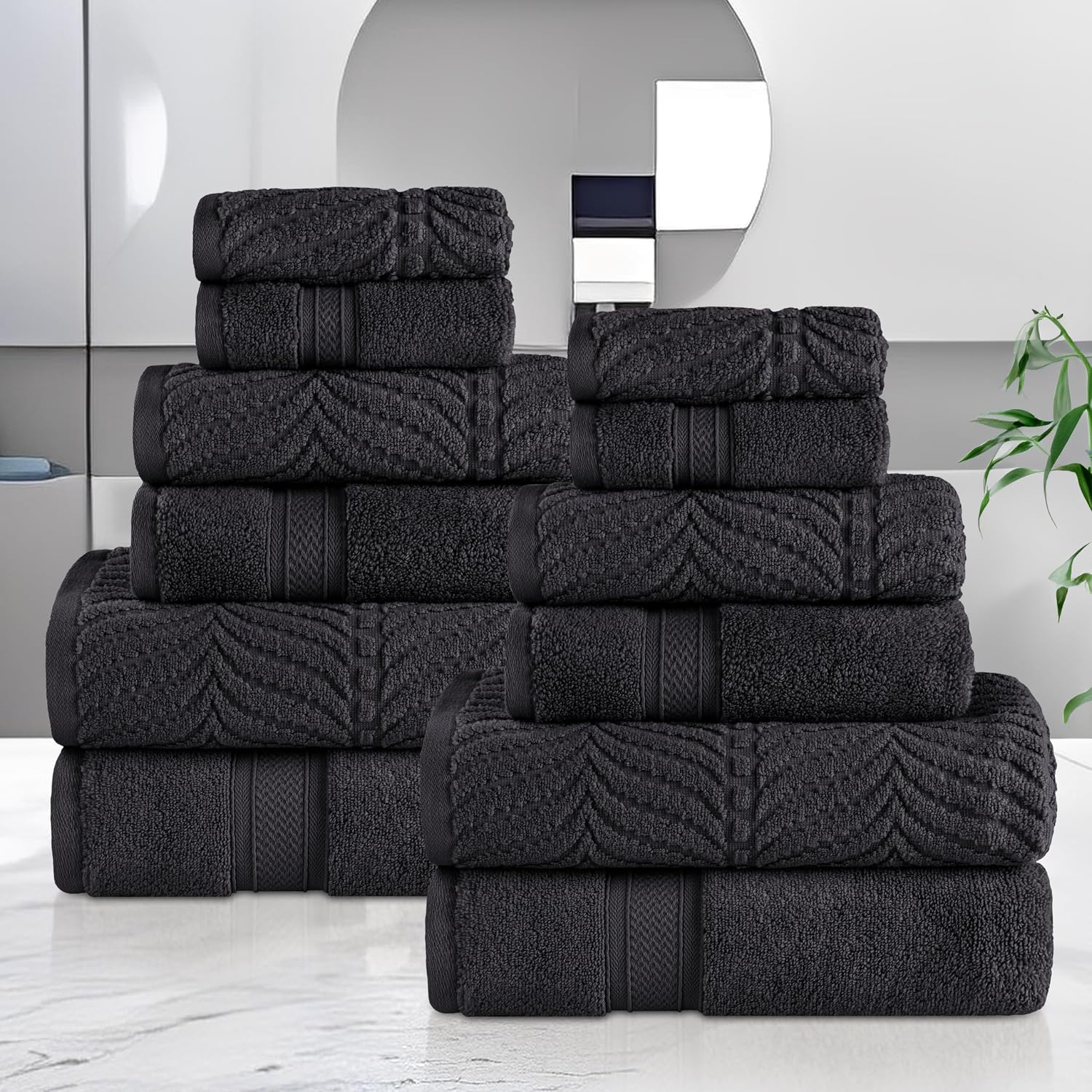Superior Cotton Chevron 12 Piece Assorted Towel Set, Zero Twist, Quick Dry, Home Essentials, Shower, Spa, Luxury Plush Soft Absorbent Towels, Includes 4 Bath, 4 Hand, 4 Washcloth/Face Towels, Black