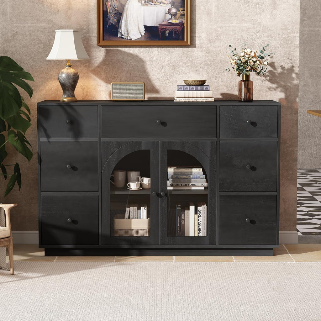 Christopher Knight Home Mia Modern Storage Cabinet with Doors and Drawers, Wooden Sideboard Cabinet with Adjustable Shelf, Freestanding Buffet Cabinet with Storage for Dining Room, Black