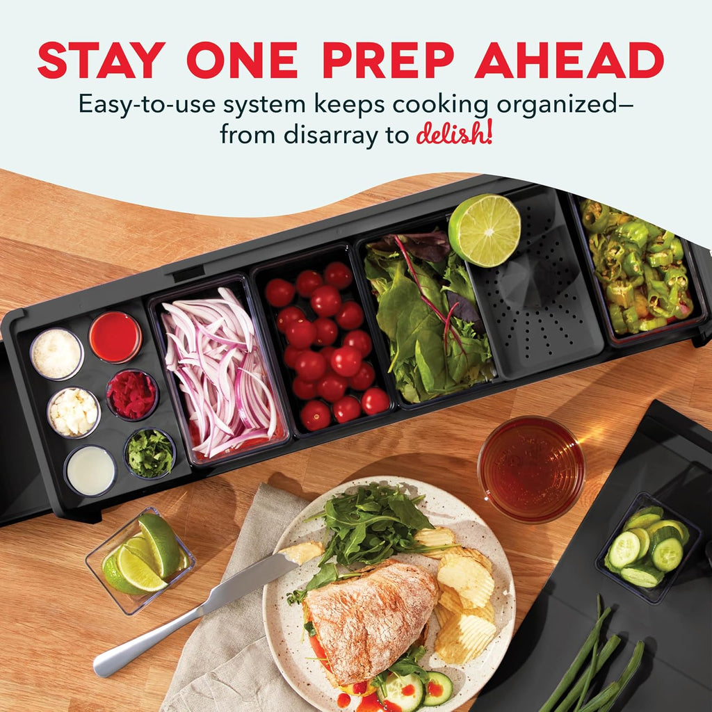 Prepdeck Gen 2 Recipe Prep & Storage Station - 8 Essential Tools + Deluxe Cutting Board, 14 Plastic Containers + Super-Seal Lids, Removable Trash Compartments, Tablet Stand Included - Midnight Black