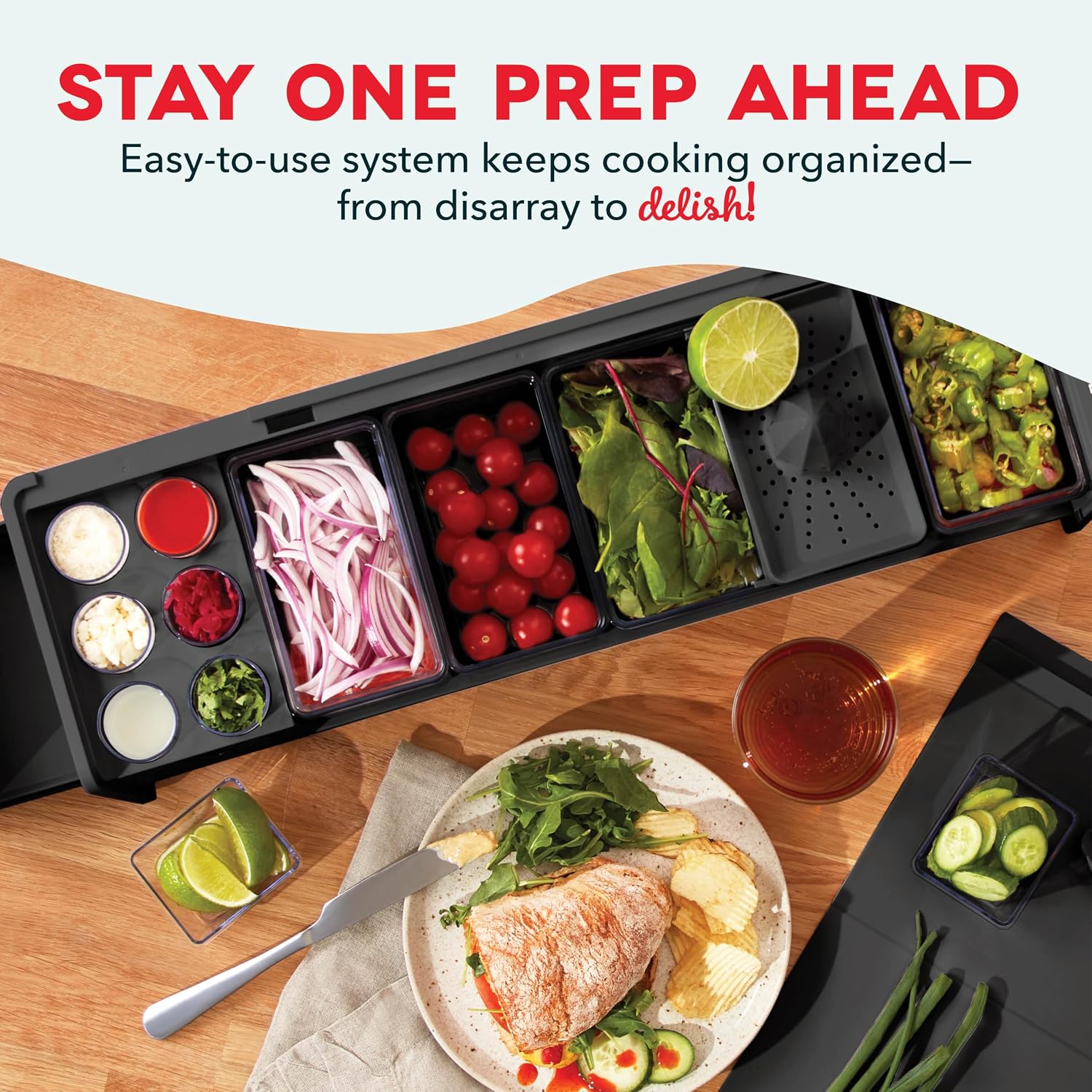 Prepdeck Gen 2 Recipe Prep & Storage Station - 8 Essential Tools + Deluxe Cutting Board, 14 Plastic Containers + Super-Seal Lids, Removable Trash Compartments, Tablet Stand Included - Midnight Black