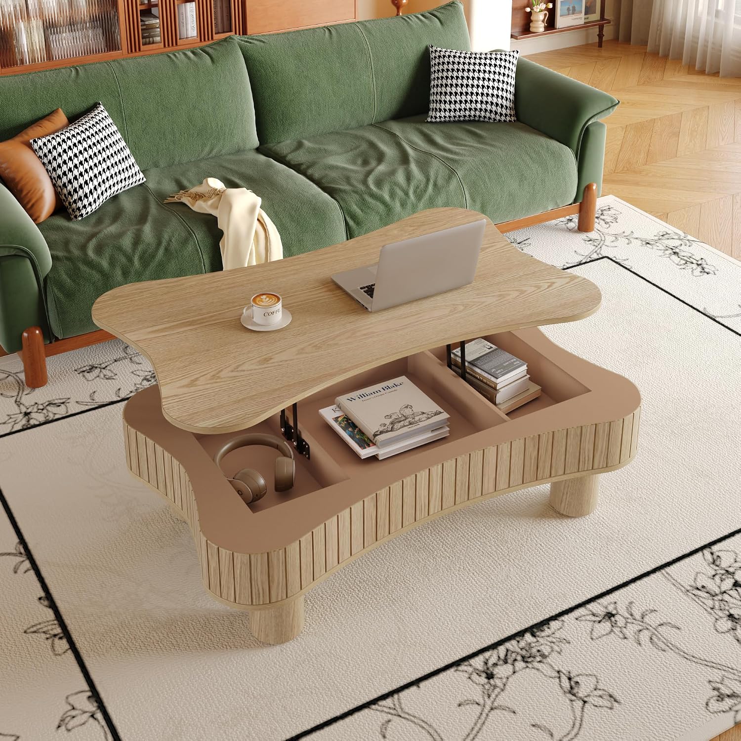 Zurnes Lift Top Coffee Table with Storage, 42' Accent Table for Living Room, Fluted Panel Hidden Storage, Silent Hydraulic Lift, Curved Corners, Easy Assembly, Natural Wood