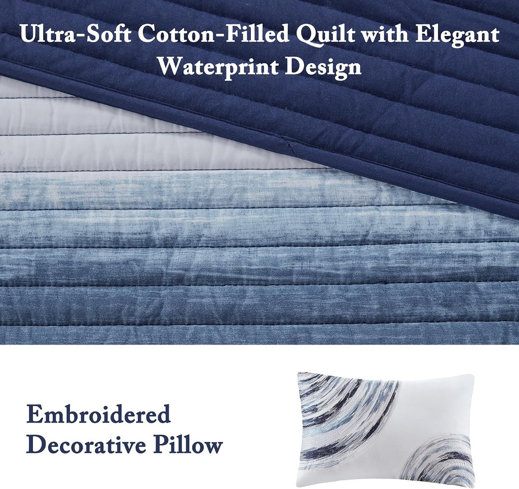 Madison Park Essentials Saben Cozy Bed in A Bag Reversible Quilt with Complete Cotton Sheet Set-Geometric Design All Season Cover, Decorative Pillow,King(104'x92'), Stripes Navy 8 Piece